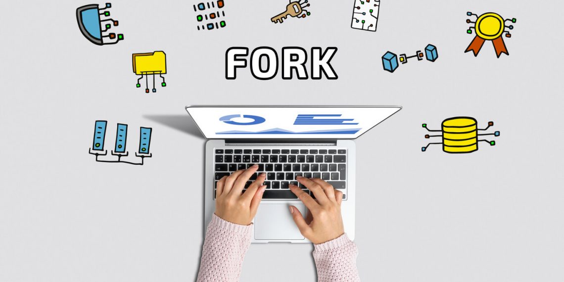 caucasian woman typing on laptop withgrpahs on screen. Animated images surrounding laptop with 'Fork' in the middle