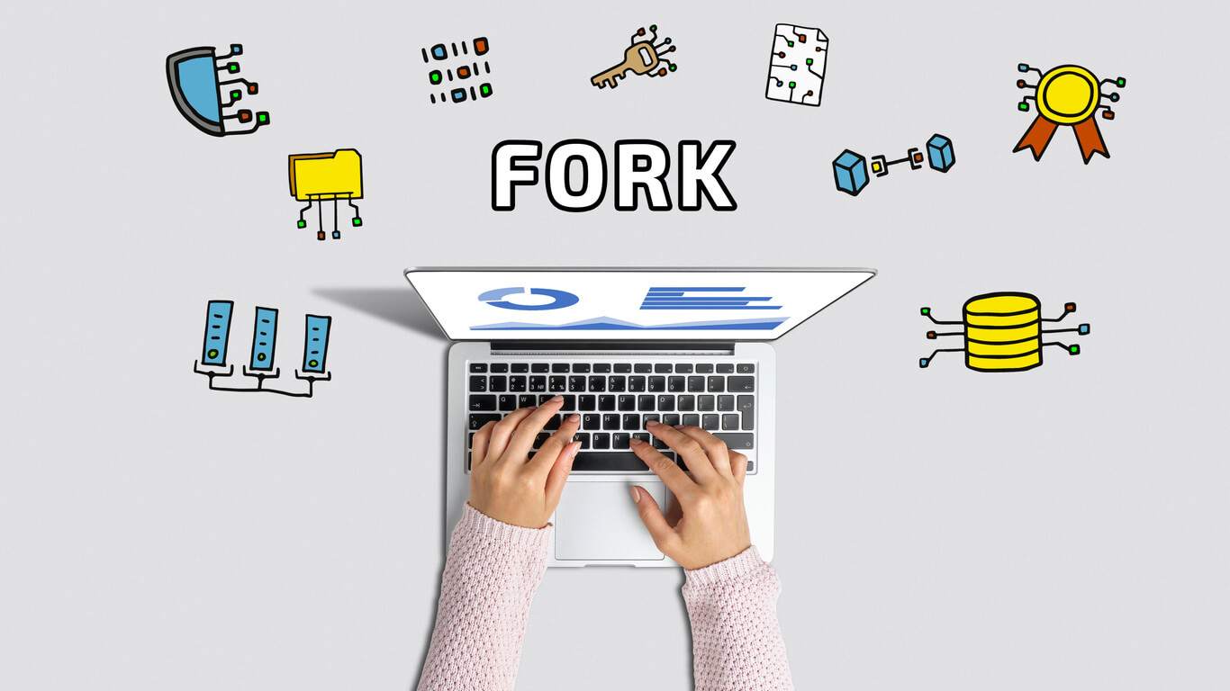 caucasian woman typing on laptop withgrpahs on screen. Animated images surrounding laptop with 'Fork' in the middle