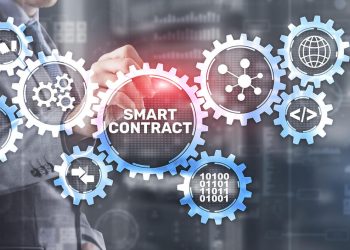 image of business man in background. Digital illustration with 'smart contract' in the middle.