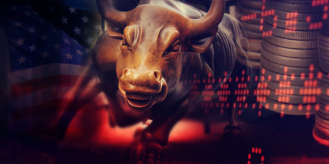 image of bull running with the American flag, coins & stock market numbers in the background