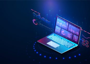 Application of laptop with business graph and analytics data on isometric laptop .