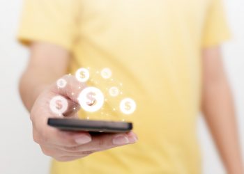 Man hand using mobile phone with online transaction application, Concept financial technology (fin-tech)