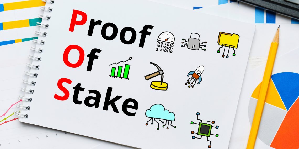 Concept pos and Proof of Stake with abstract icons