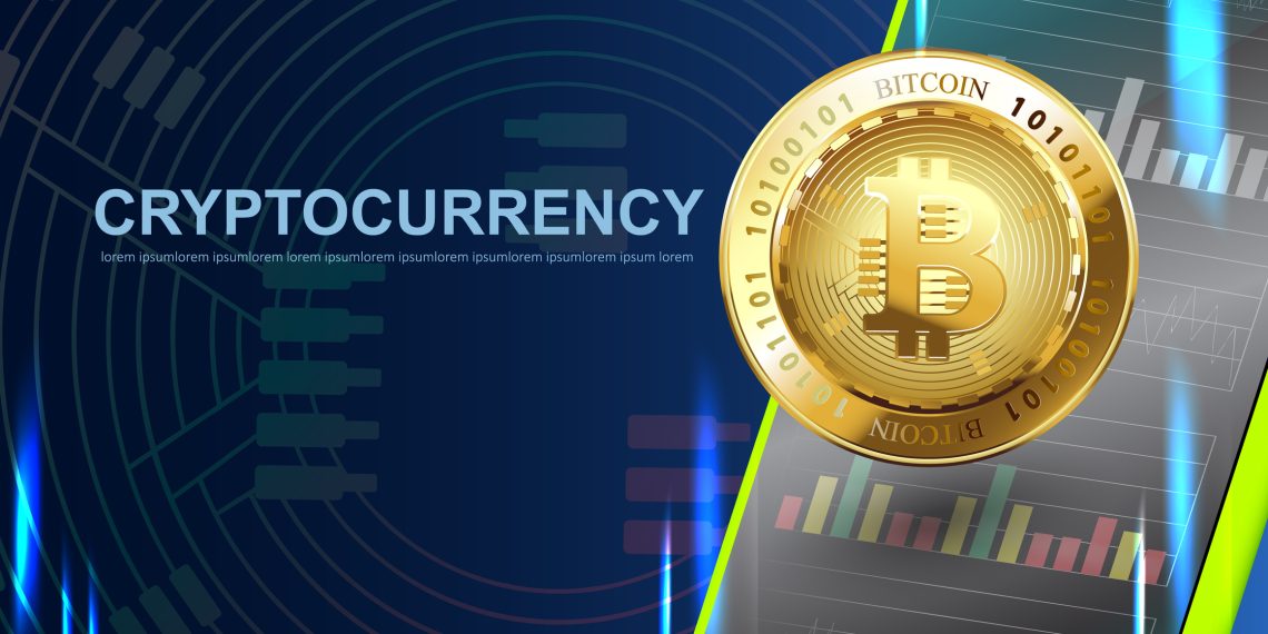 Crypto currency Bitcoin. Blue Background Digital Web Money Technology Banner With Copy Space.