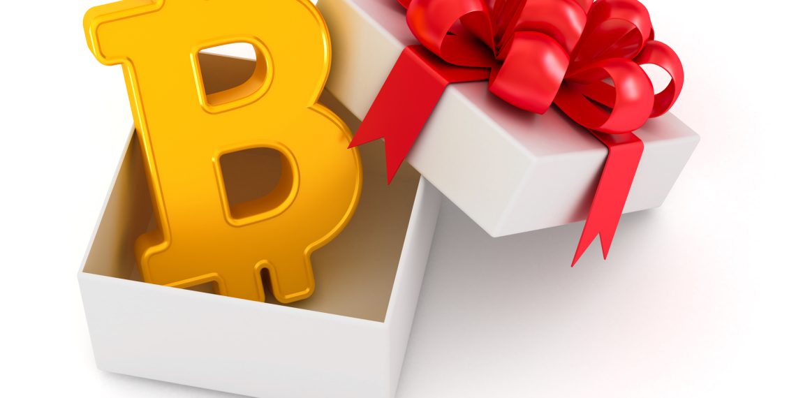 Bitcoin. Golden digital cryptocurrency sign in the white gift box with red tied bow. The best gift ever. 3d illustration isolated on the white background.