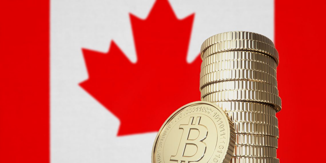 Bitcoin stack with Canadian national flag in the background