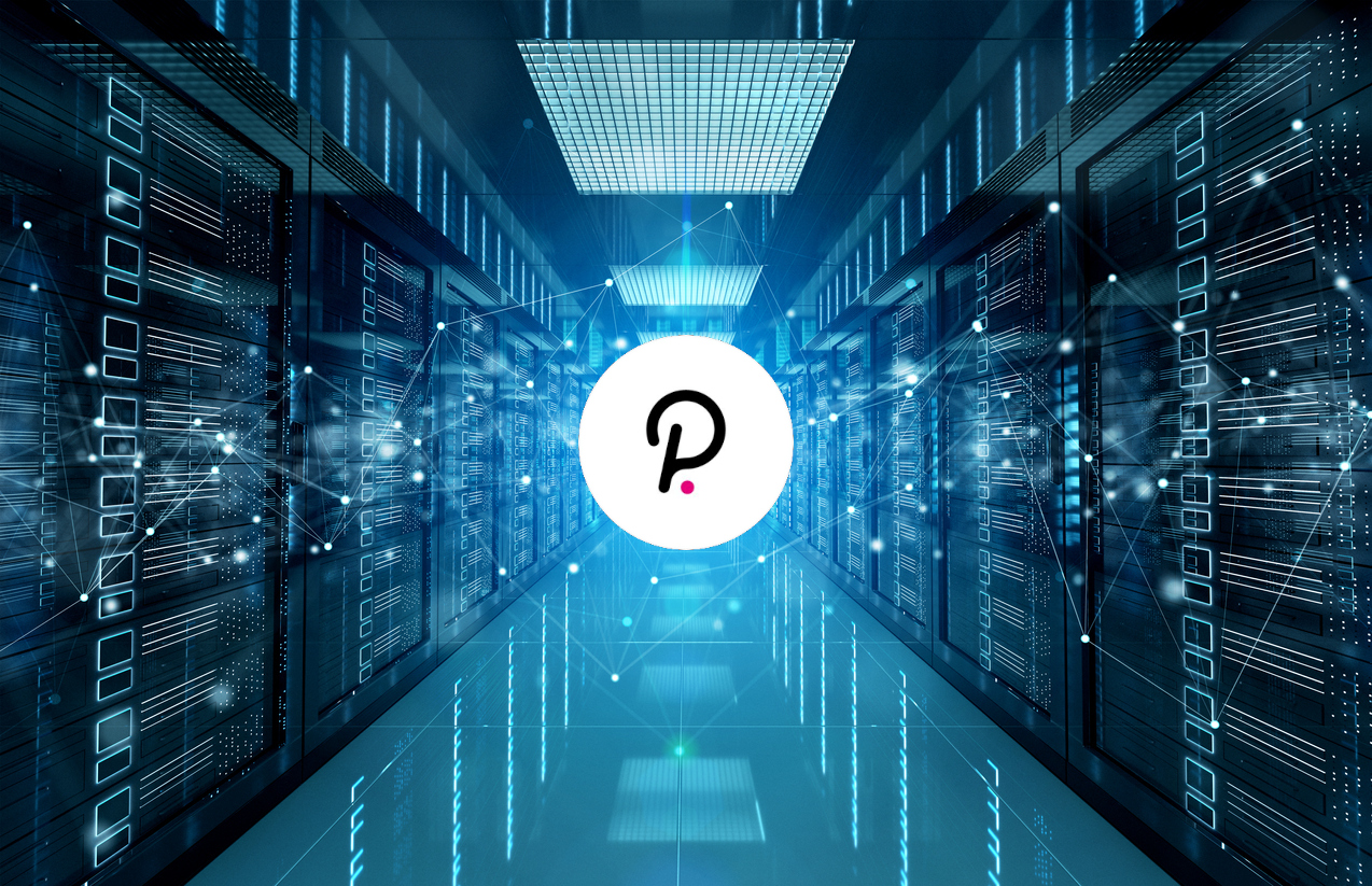 Polkadot (DOT) logo with background of data servers