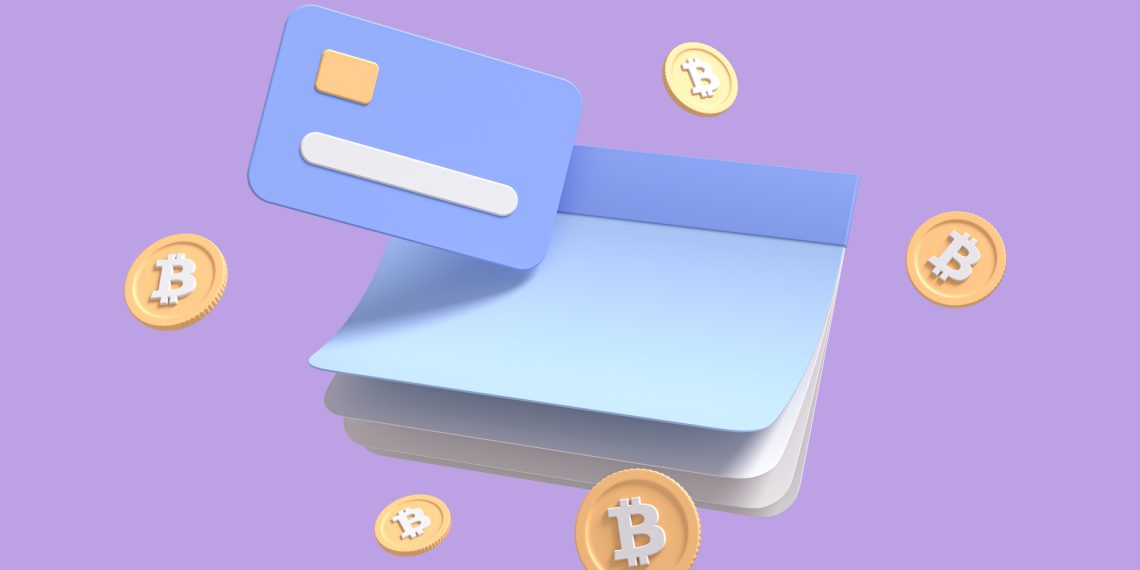Flying calendar, checkbook, with bitcoin coins, and credit card on purple isolated background symbolizing purchase of cryptocurrency.