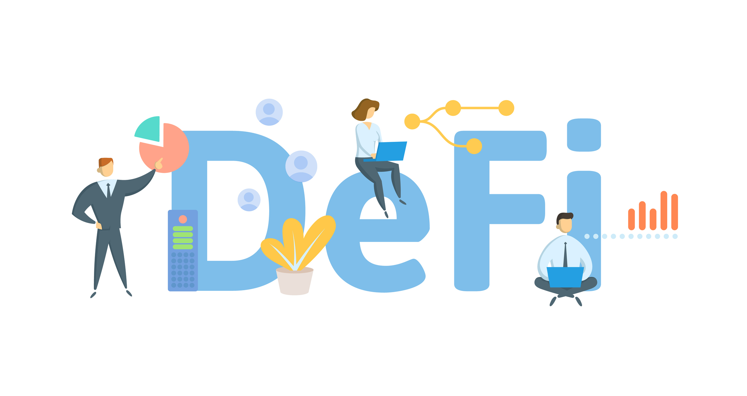 DeFi, Decentralized Finance. Concept with keyword, people and icons. Flat vector illustration. Isolated on white background.