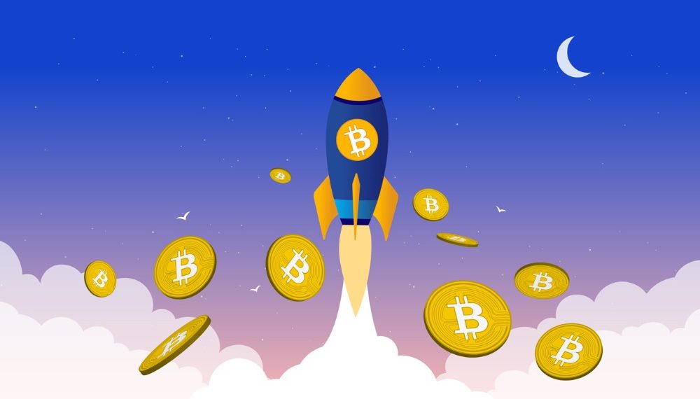 bitcoin bull market concept with spaceship flying upwards to the moon